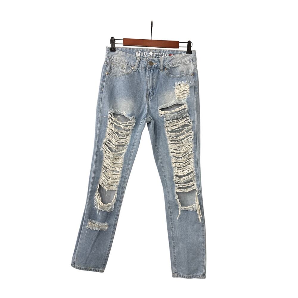 V.I.P Boyfriend Distressed Straight Leg Loose Fit Denim Blue Jeans Size 1/2 - Picture 2 of 5